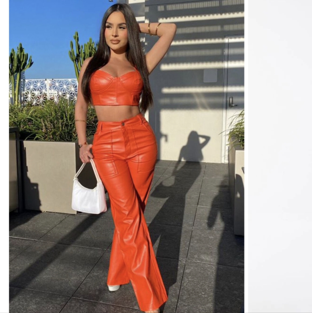 Leather look orange crop top + pants